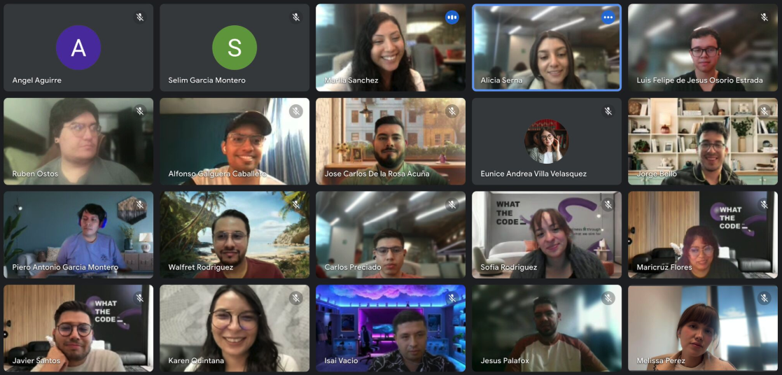 A screen grab of a Zoom call where many of the faces of What The Code, a Mexican software development agency, are shown